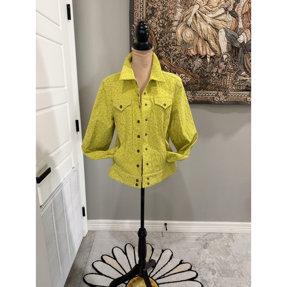 Peck & Peck Jacket Womens XL Yellow Floral Cotton Blend Button Front Pockets